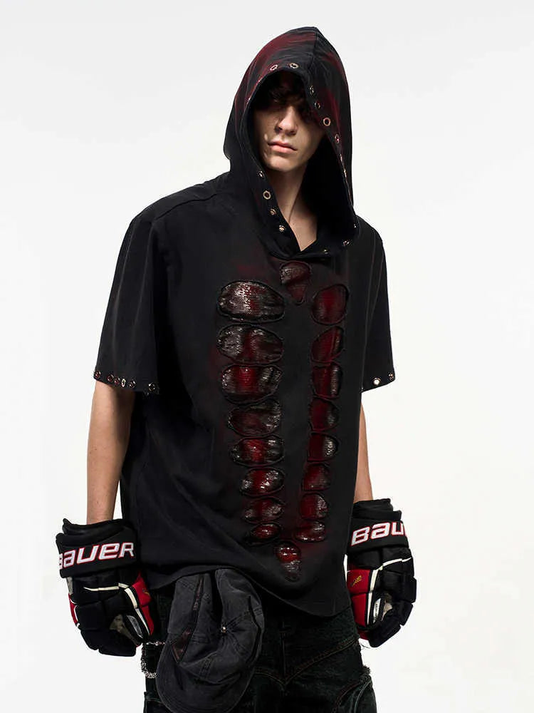 Black men's loose-fit T-shirt with short sleeves, a hood, and sequin graphic detail.