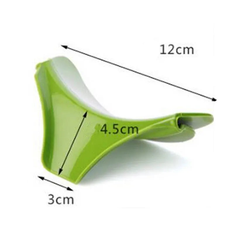 Green silicone soup funnel kitchen gadget showing flexible food-grade material and clip-on design