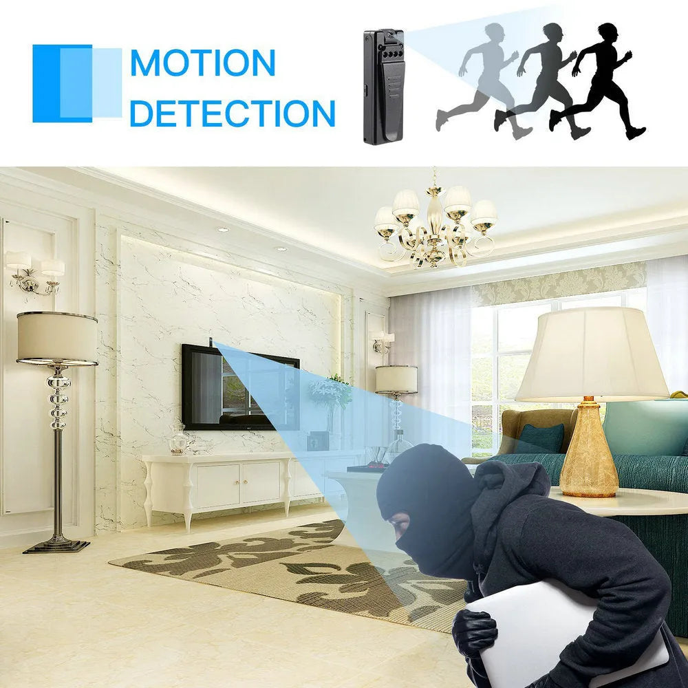 Black 1080p HD DV home camera with night vision, shown on a stand with a 90-degree rotation angle.