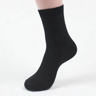 Pack of five men's bamboo fibre ankle socks in different colours, showing small square pattern.
