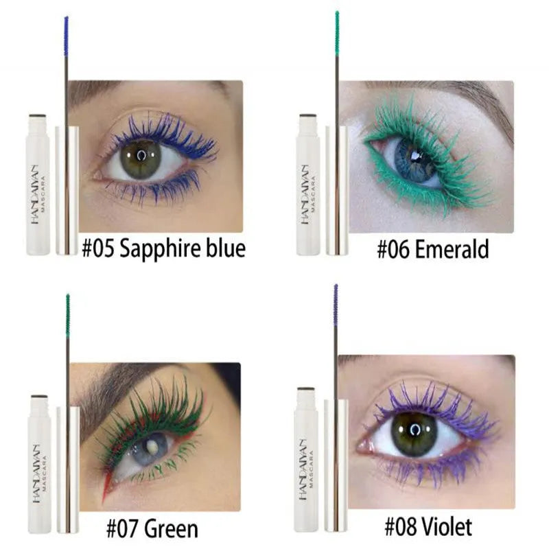 Colour mascara for thick curls with fine brush head, smudge-proof formula, 12 colours available including Black Blue Brown