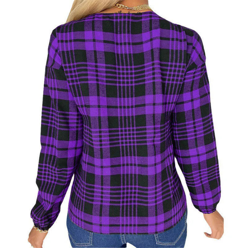 Women's purple plaid casual shirt with loose fit and regular sleeves on hanger