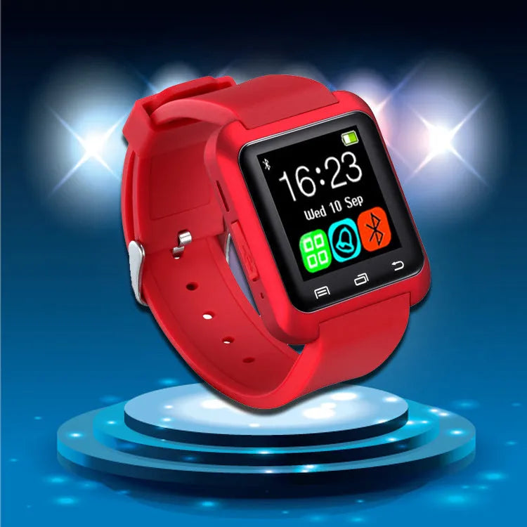 U8 Smart Bluetooth Watch in Black, Red, or White colours on a wrist showing a caller ID display.