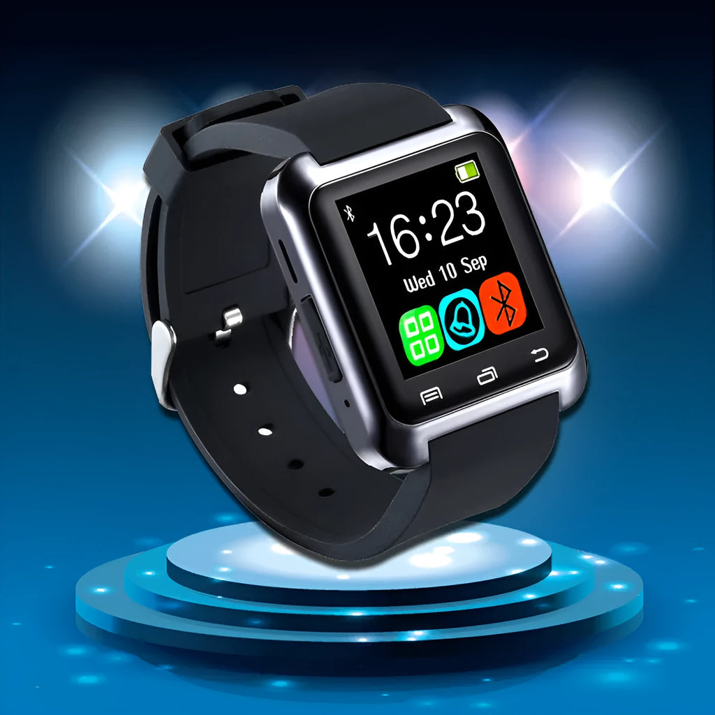 U8 Smart Bluetooth Watch in Black, Red, or White colours on a wrist showing a caller ID display.