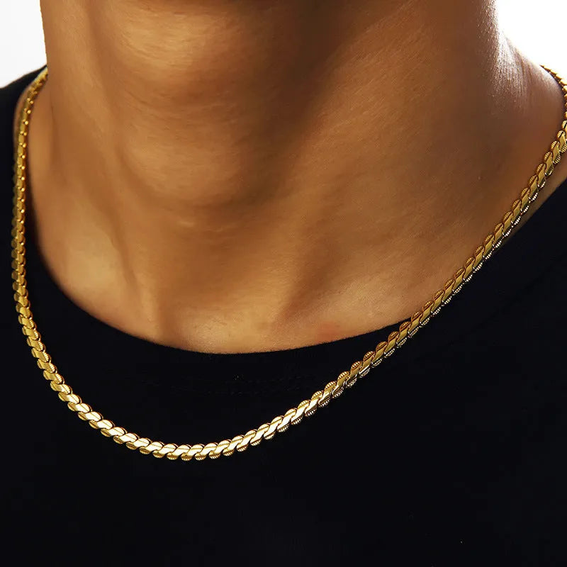 Unisex gold electroplated copper necklace with 55cm snake bone chain and diamond-shaped modelling
