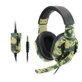 Army green camouflage wired over-ear gaming headset with a black microphone and 3.5mm plug.