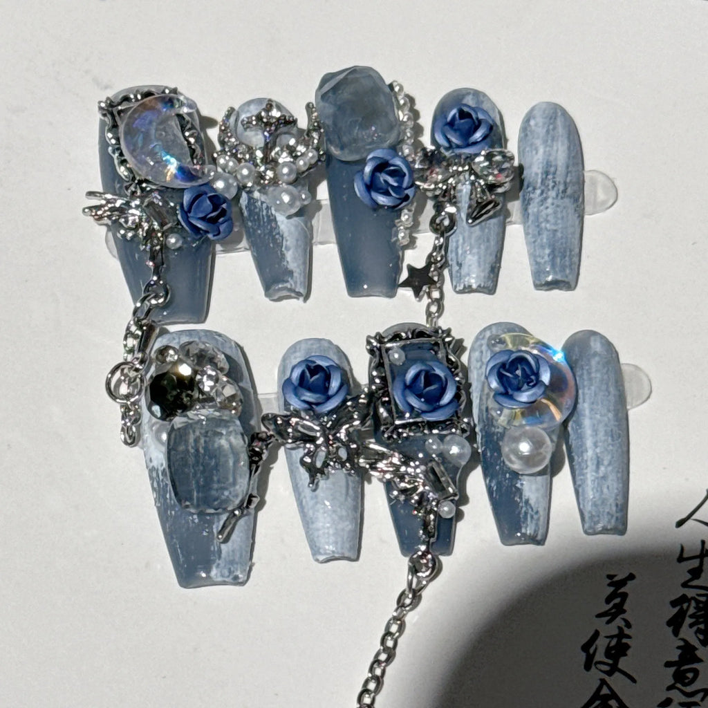 Heavy industry blue false nails with ornate rose and tulip floral pattern design in sizes XS S M L