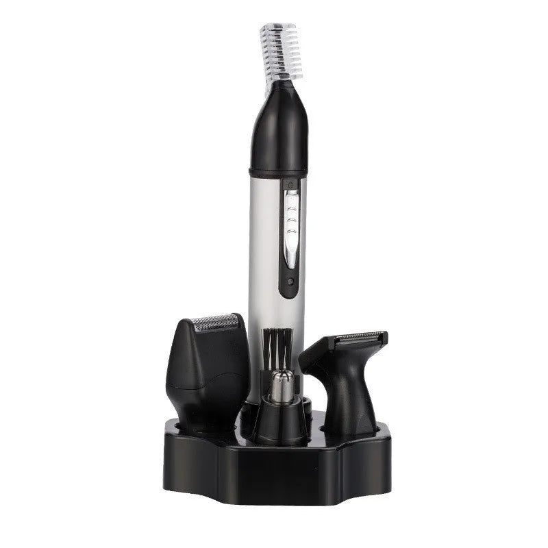 White male electric nose hair trimmer set with multiple grooming heads and USB charging cable