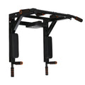Black wall-mounted metal sandbag rack and parallel pull-up bars fitness equipment