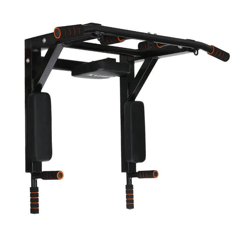 Black wall-mounted metal sandbag rack and parallel pull-up bars fitness equipment