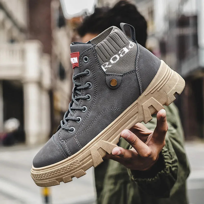 Men's high top Martin boots in Black, artificial PU upper, round toe, square low heel, front tie, casual style.
