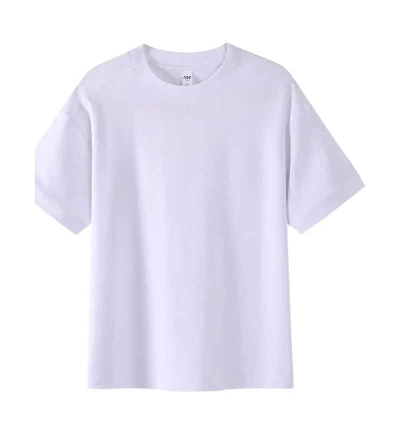 Men's loose-fit short-sleeved cotton pique T-shirt on a hanger, shown in a solid colour.