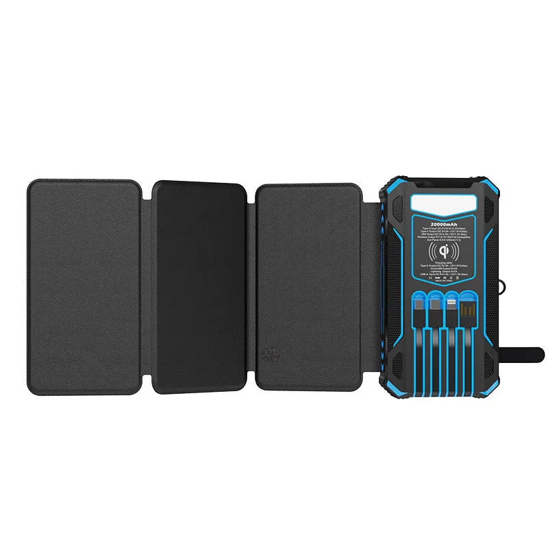Solar folding power bank 20000mAh with three-fold design in black and blue colour option, plastic shell