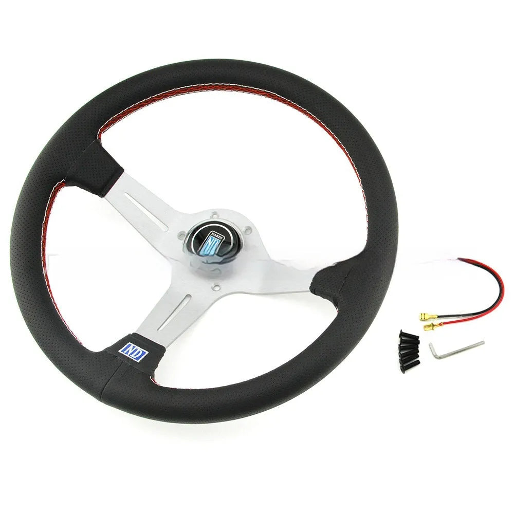 14-inch leather-wrapped steering wheel with a middle concave design, showing black and silver skeleton frame options.
