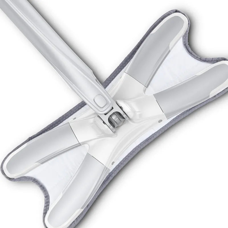 White hand-free flat mop with ABS head and metal pedal next to plastic basket