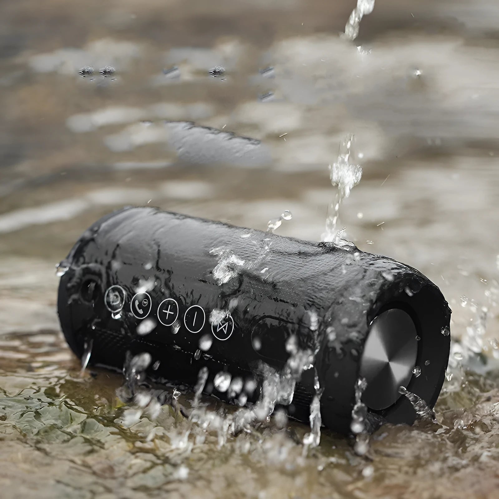 Compact flat waterproof Bluetooth speaker in black, showing its portable card-like design and control buttons.
