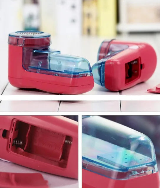 Compact white handheld electric lint remover for clothing, showing fabric shaving head.