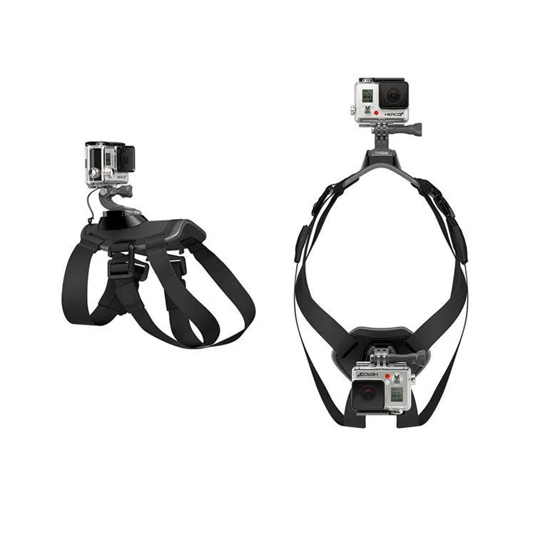 Black dog chest harness mount for GoPro with quick release base, washable material, two fixed positions