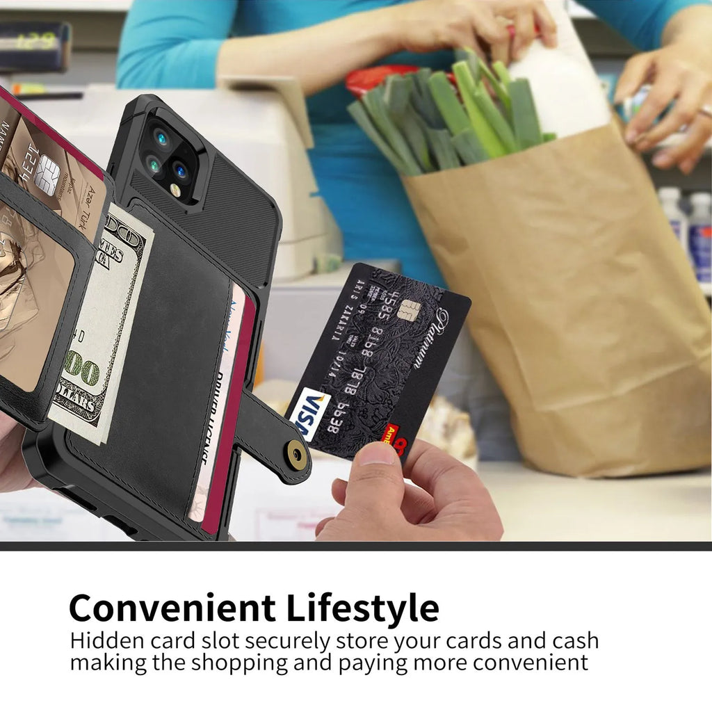 Imitation leather card wallet phone case for iPhone in solid colours showing integrated card slot on back.