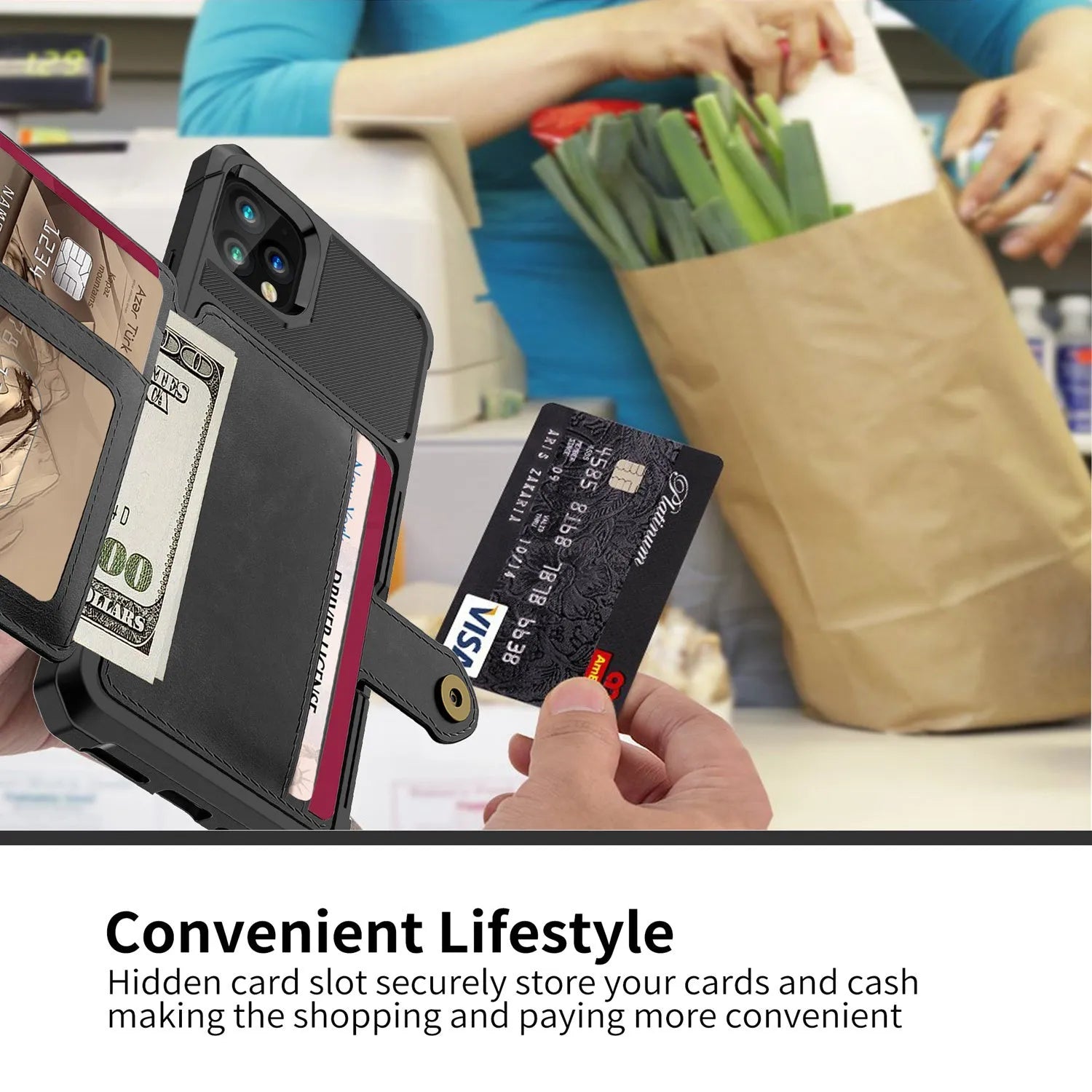 Imitation leather card wallet phone case for iPhone in solid colours showing integrated card slot on back.