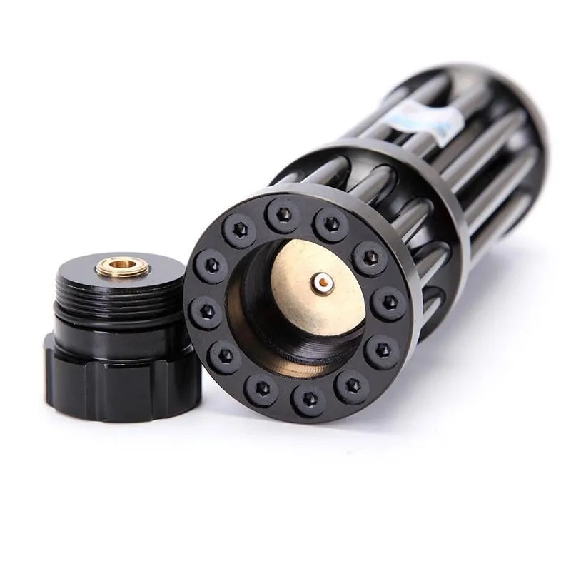 Black anodised aluminium self-defence laser flashlight with blue light beam, showing extended 168mm length