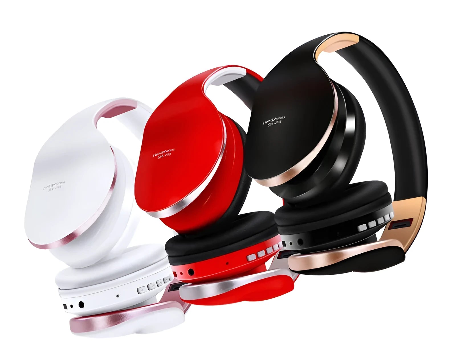 HobbyLane over-ear Bluetooth headset in black, red, and white colour options on a plain background.