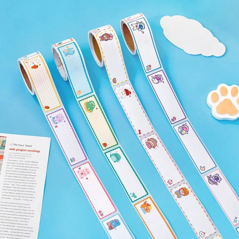 Roll of cartoon name tape stickers showing dinosaur, astronaut, rabbit and girl designs