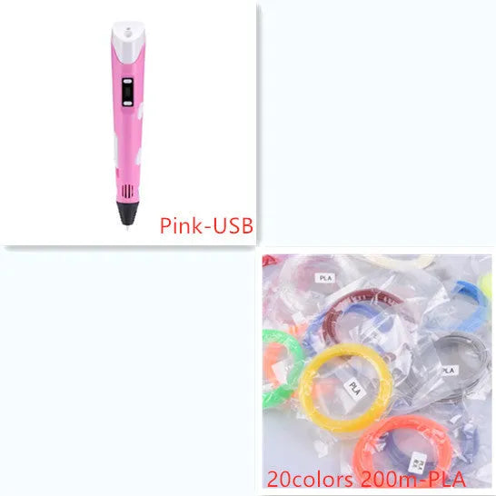 Yellow 3D printing pen with 12 colour PLA filament spools and UK power adapter on a white background