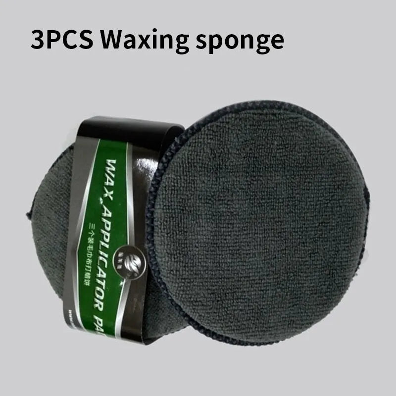 9-piece car wash cleaning kit with polyamide towels, sponge, tyre brush, and waxing cakes in dark grey and orange