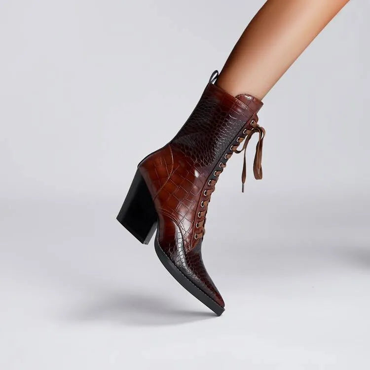 Retro pointed toe women's boots with chunky heel and side zip fastening in dark brown colour