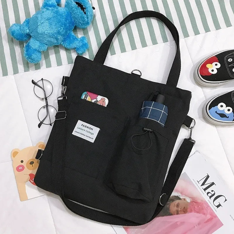 Canvas backpack for women students with pockets Harajuku style shoulder bag