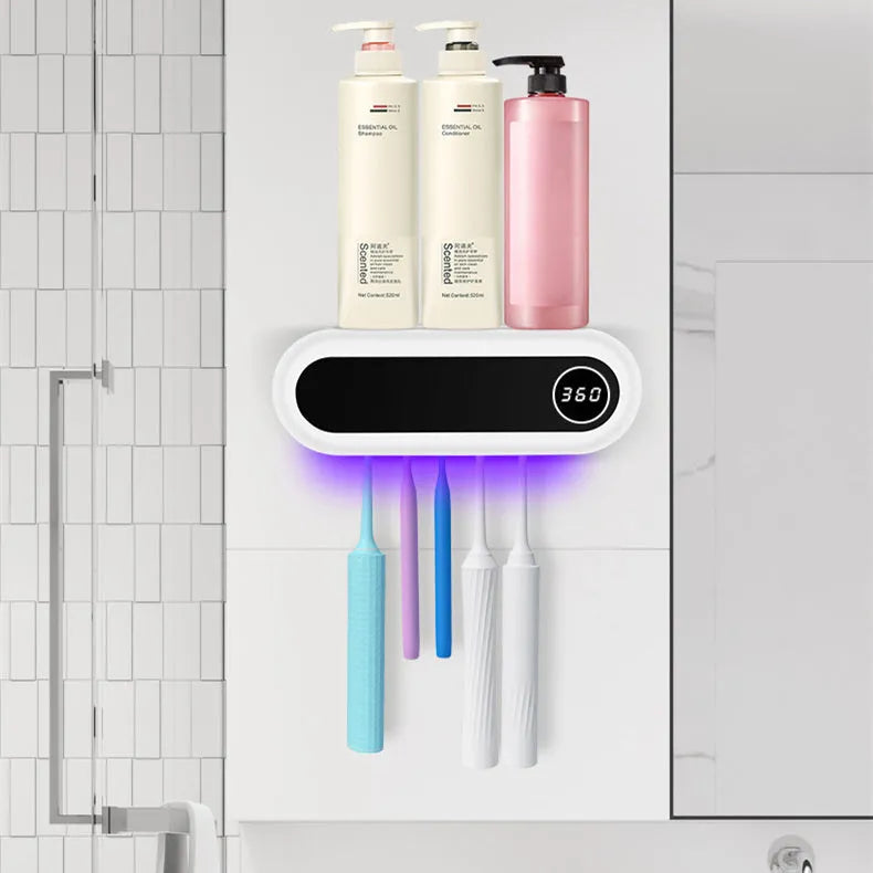 Ivory white wall-mounted UV toothbrush sterilizer holder with digital display showing 360-second timer.