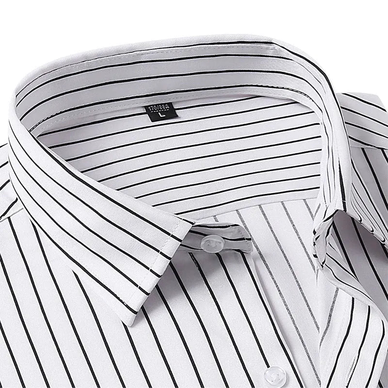Men's slim fit striped long sleeve business shirt in ice silk fabric on a hanger.