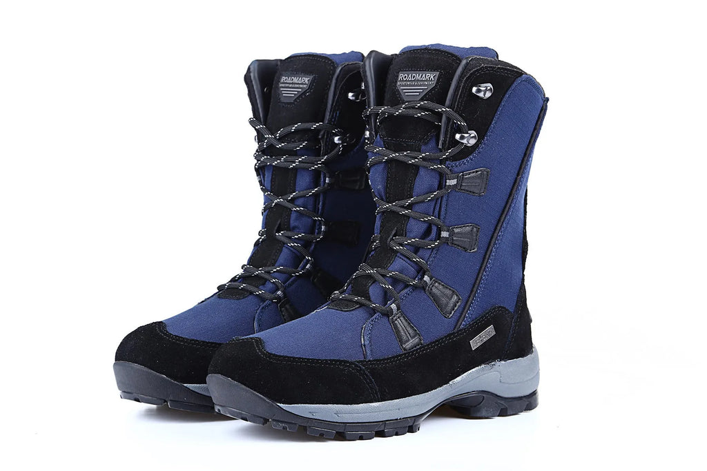 Women's black genuine leather mid-calf snow boots with a round toe and rubber sole.