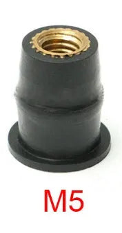 Black rubber and brass expansion well nut fasteners for motorcycle mounting in M4, M5, M6 sizes.