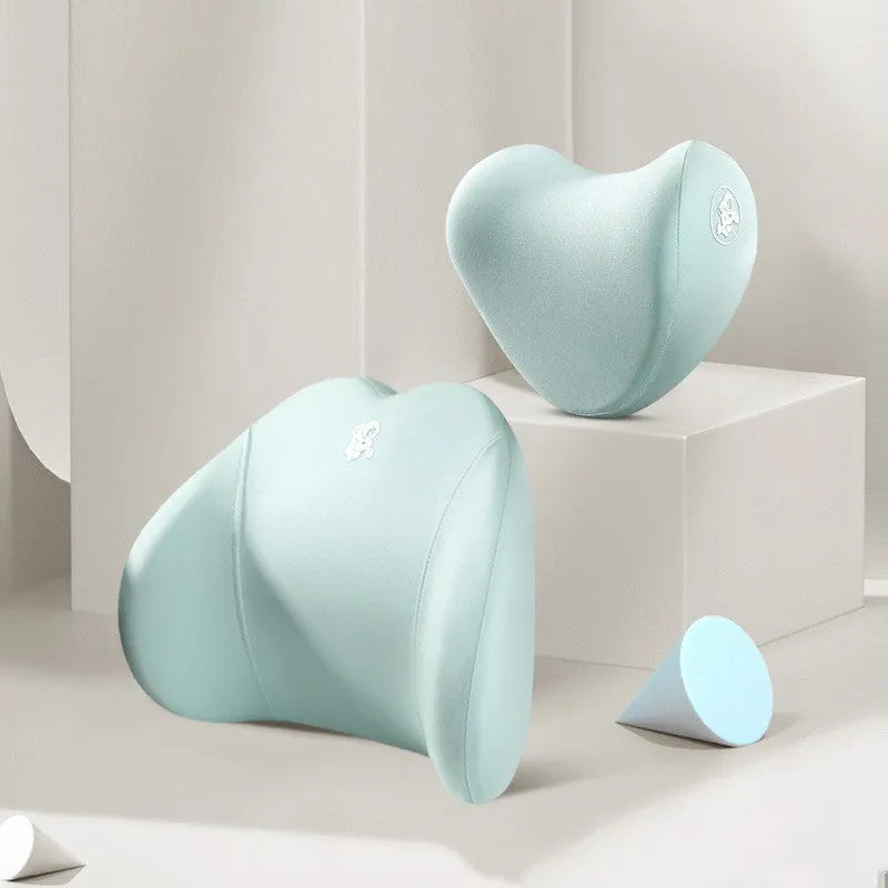 Car pillow set with heart-shaped memory foam headrest and matching lumbar support pillow in cotton cover