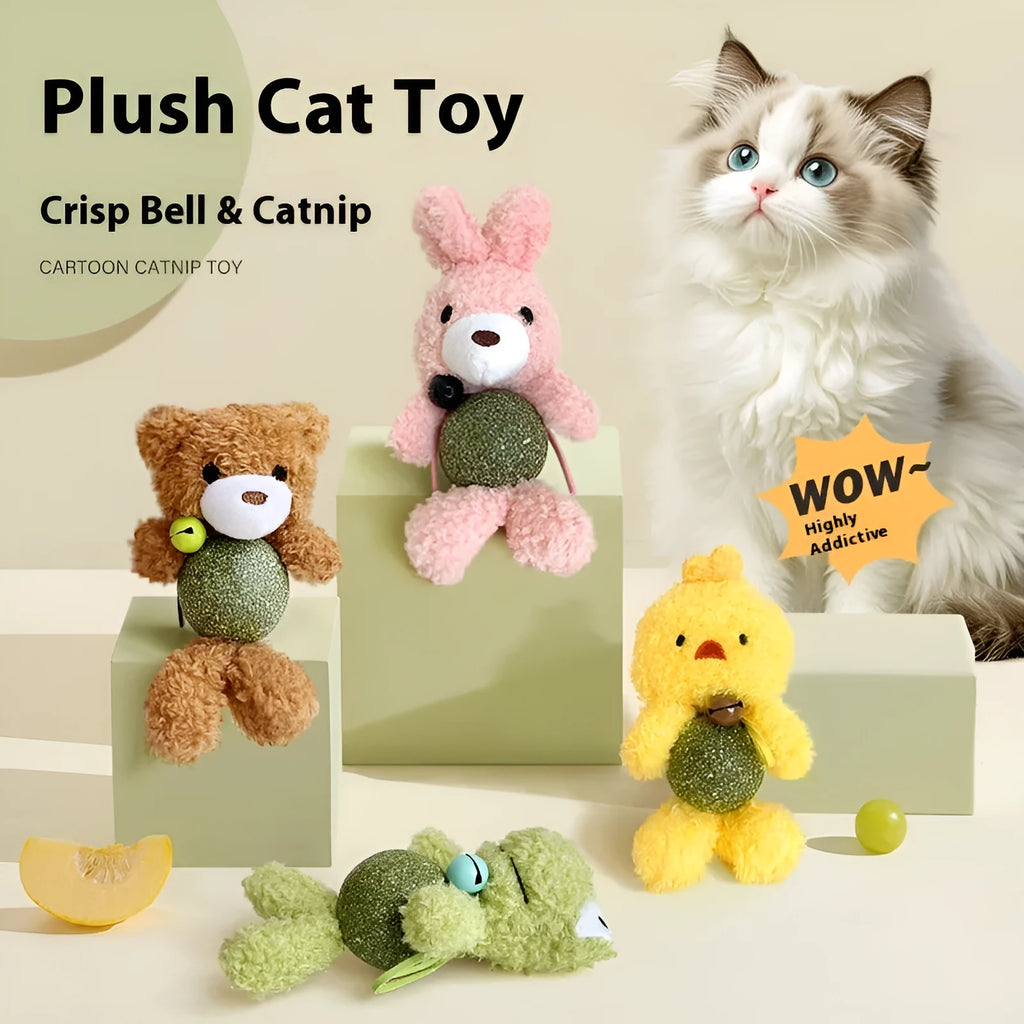 Plush catnip toy shaped like a character, showing a brown bear design with a 4cm mint ball.