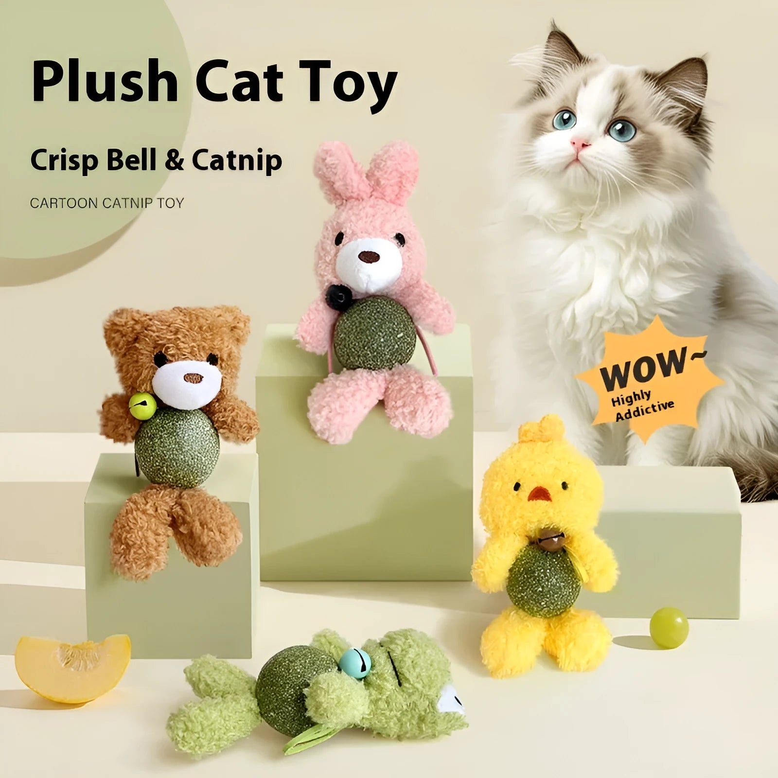 Plush catnip toy shaped as a character, showing a bell inside and a mint ball, with dimensions 15cm by 7cm.
