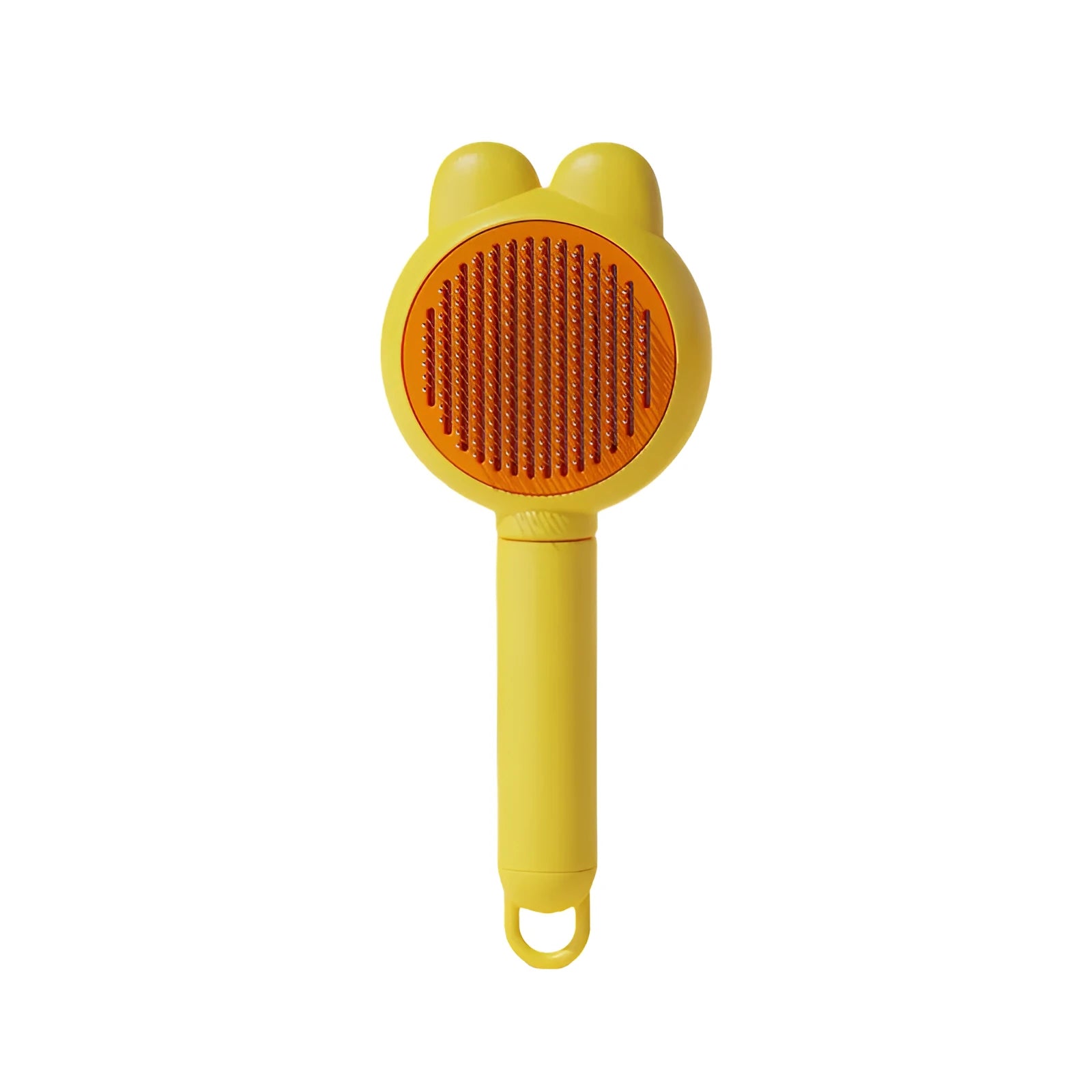 Green self-cleaning pet brush with release button and stainless steel comb on a white background.