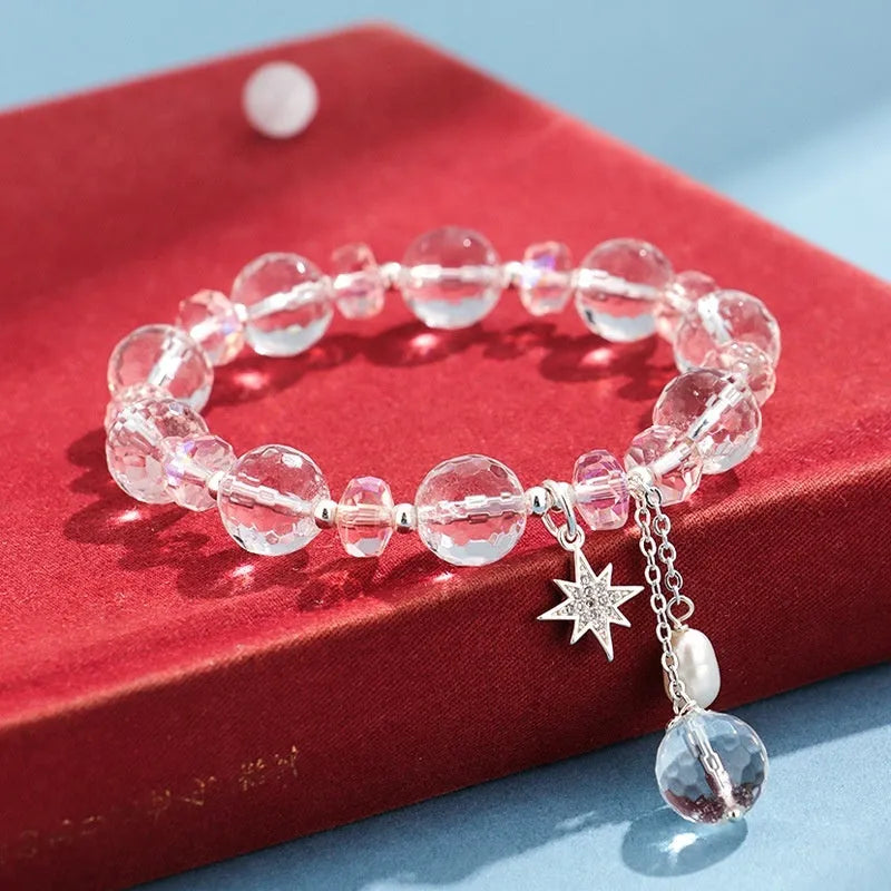 White crystal women's bracelet with diamond shapes and Lucky Cat charm in Korean style design