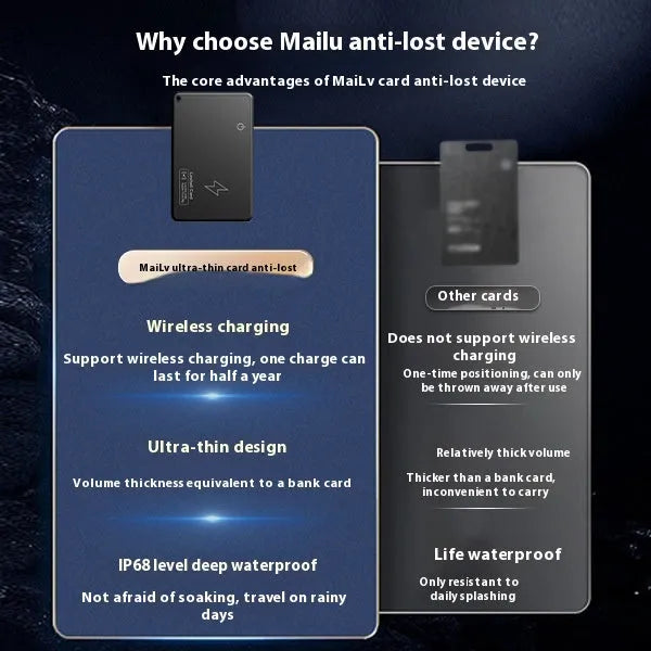 Black MFI-certified rechargeable Bluetooth tracking card for Android, shown next to a keychain.