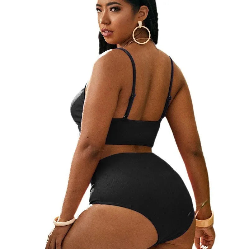 Plus size high waist split bikini swimsuit in solid colour black with spandex lining