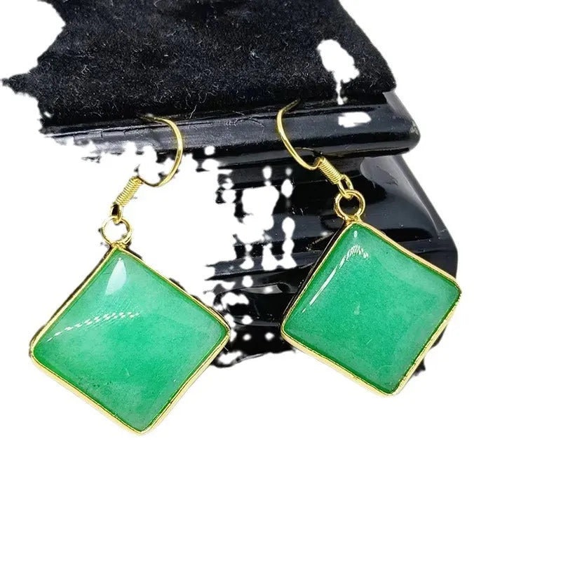 Emerald inlaid jade square women's earrings in quartz rock jade, modern simplicity style