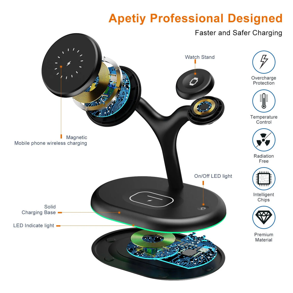 Black square three-in-one magnetic wireless charger for iPhone, Apple Watch, and AirPods on a desk