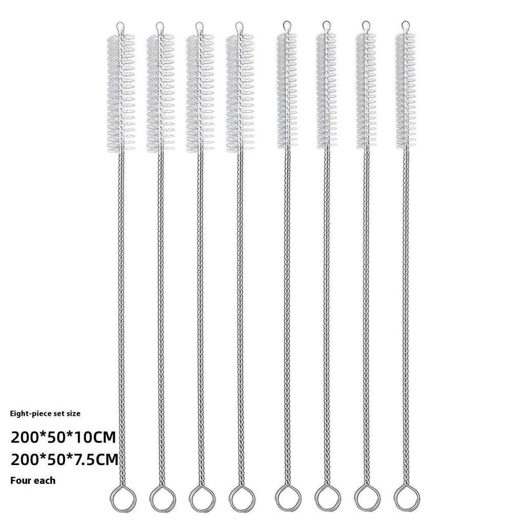 Set of long, thin stainless steel and nylon straw cleaning brushes for bottles.