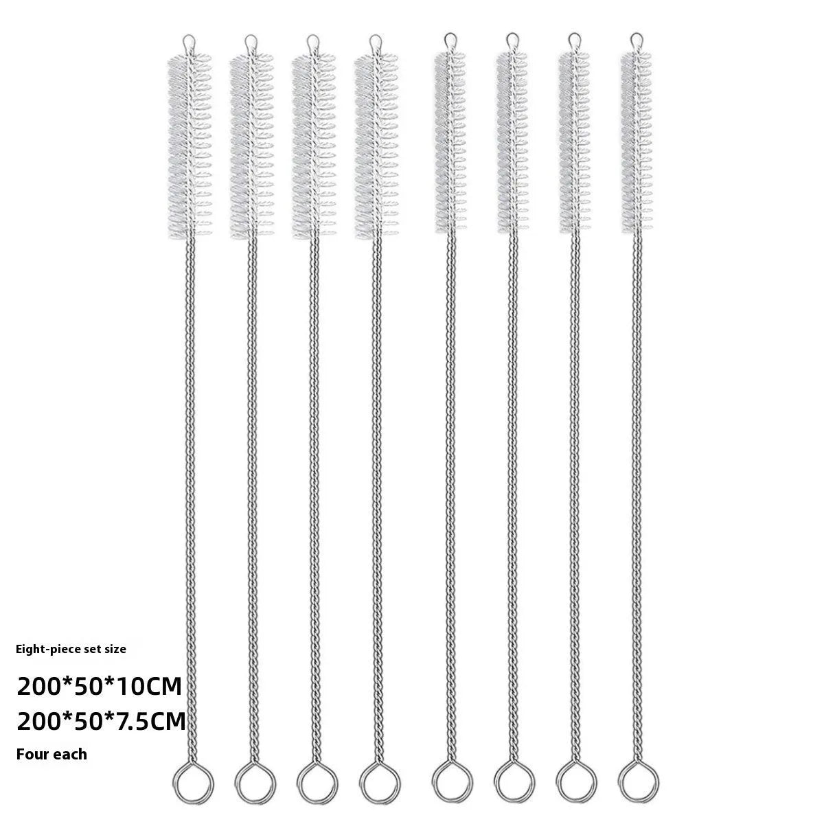 Set of long, thin stainless steel and nylon straw cleaning brushes for bottles.