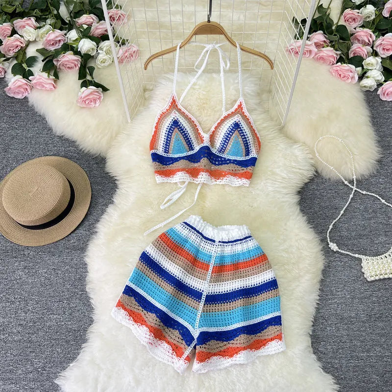 Women's Striped Halter Camisole and Shorts Set Summer Sleeveless Contrast Colour V-Neck Vacation Two-Piece in Blue Purple Yellow Polyester Free Size Casual Beachwear