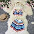 Women's Striped Halter Camisole and Shorts Set Summer Sleeveless Contrast Colour V-Neck Vacation Two-Piece in Blue Purple Yellow Polyester Free Size Casual Beachwear