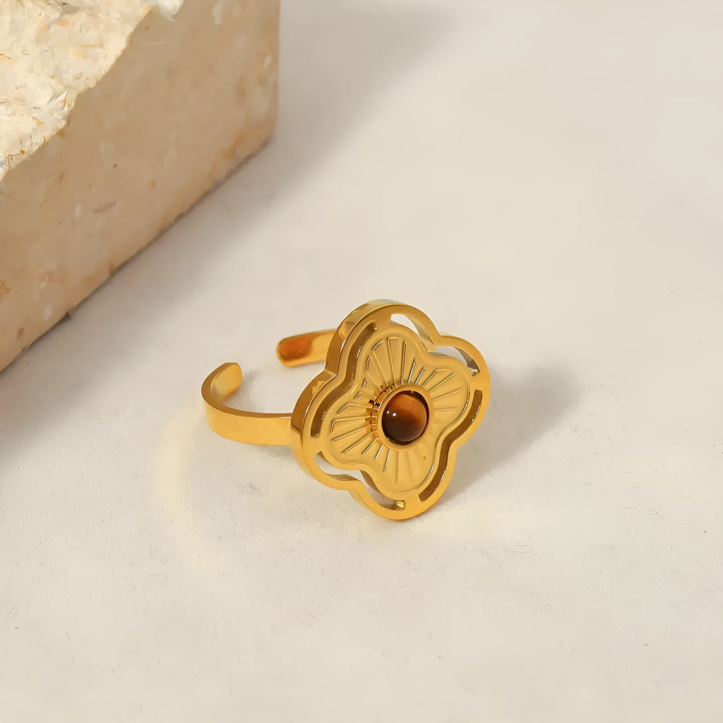 Natural stone tiger-shaped stone opening ring with 18K gold plating on titanium steel for women