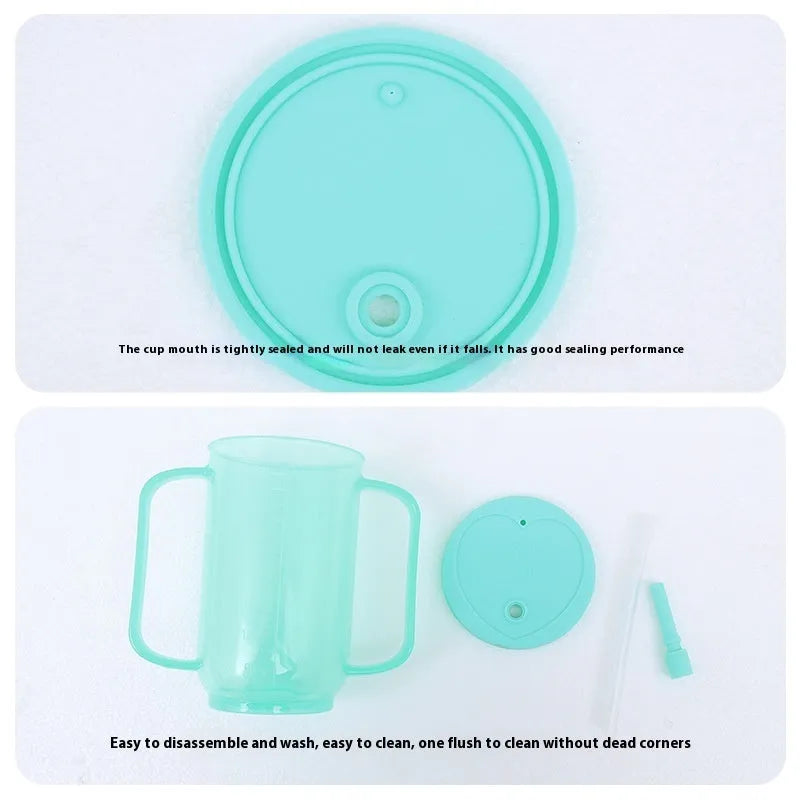 Oblique mouth choke-proof drinking cup with handle and lid, shown in bed care setting.